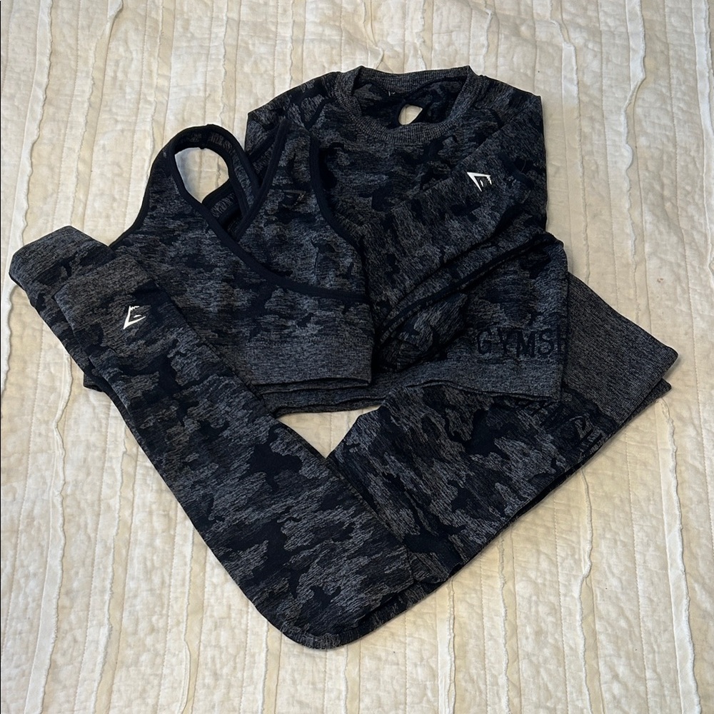 Gymshark Black and Gray Camo Leggings, Sports Bra and Long Sleeve Crop Top